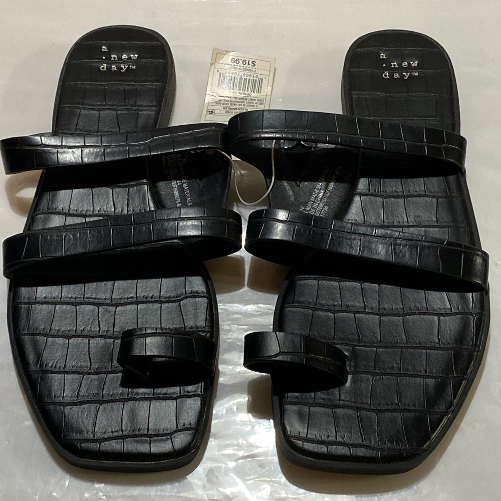A New Day™ Women's "Marilyn" Toe Loop Slide Sandals Black Faux Croc Skin Sz 10